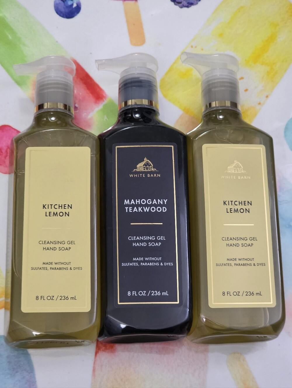 White Barn Mahogany Teakwood & Kitchen Lemon Hand Soap 3pc Set NEW RARE